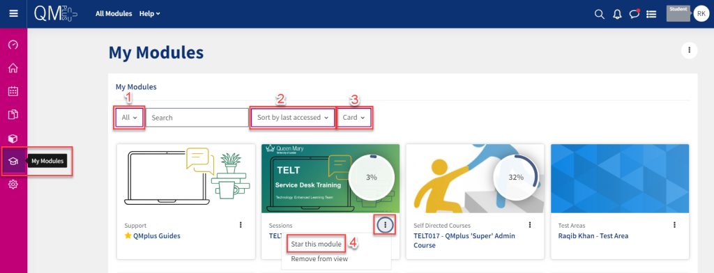 An image highlighting the filtering options of the 'my modules' section.